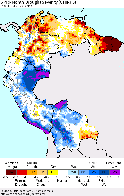 Northern South America SPI 9-Month Drought Severity (CHIRPS) Thematic Map For 11/1/2018 - 7/31/2019