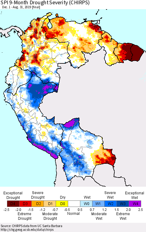 Northern South America SPI 9-Month Drought Severity (CHIRPS) Thematic Map For 12/1/2018 - 8/31/2019
