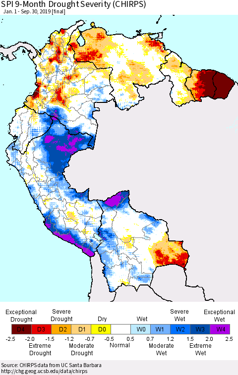 Northern South America SPI 9-Month Drought Severity (CHIRPS) Thematic Map For 1/1/2019 - 9/30/2019