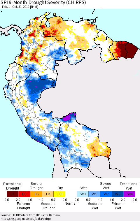 Northern South America SPI 9-Month Drought Severity (CHIRPS) Thematic Map For 2/1/2019 - 10/31/2019