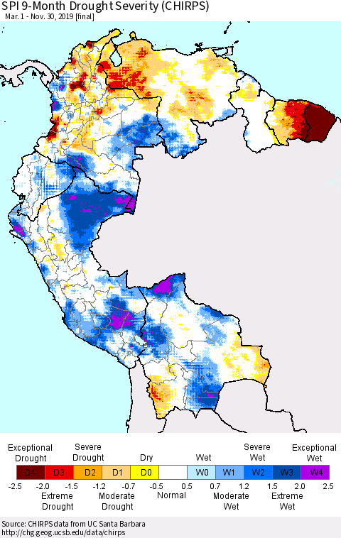 Northern South America SPI 9-Month Drought Severity (CHIRPS) Thematic Map For 3/1/2019 - 11/30/2019
