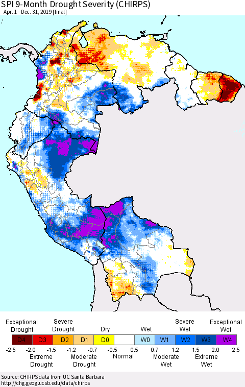 Northern South America SPI 9-Month Drought Severity (CHIRPS) Thematic Map For 4/1/2019 - 12/31/2019