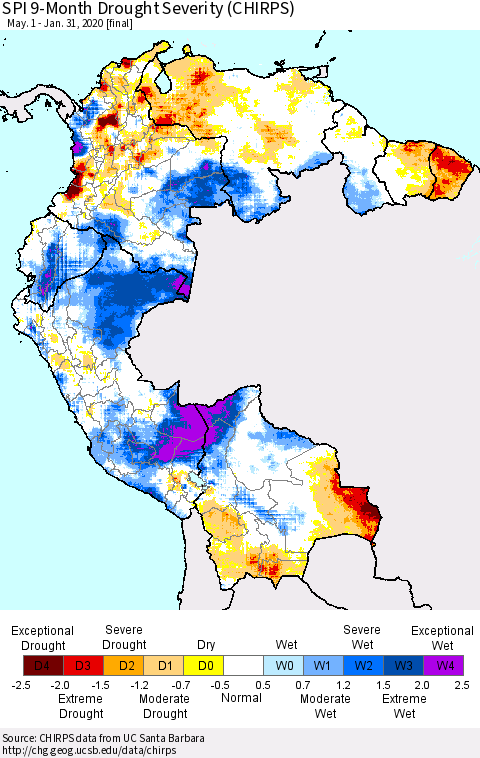 Northern South America SPI 9-Month Drought Severity (CHIRPS) Thematic Map For 5/1/2019 - 1/31/2020