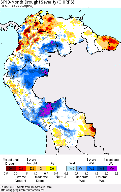 Northern South America SPI 9-Month Drought Severity (CHIRPS) Thematic Map For 6/1/2019 - 2/29/2020