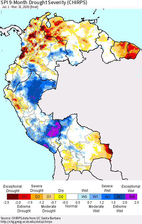 Northern South America SPI 9-Month Drought Severity (CHIRPS) Thematic Map For 7/1/2019 - 3/31/2020