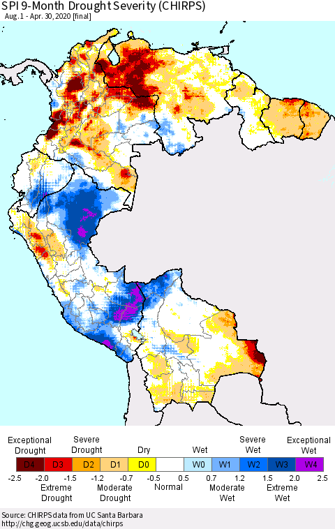 Northern South America SPI 9-Month Drought Severity (CHIRPS) Thematic Map For 8/1/2019 - 4/30/2020