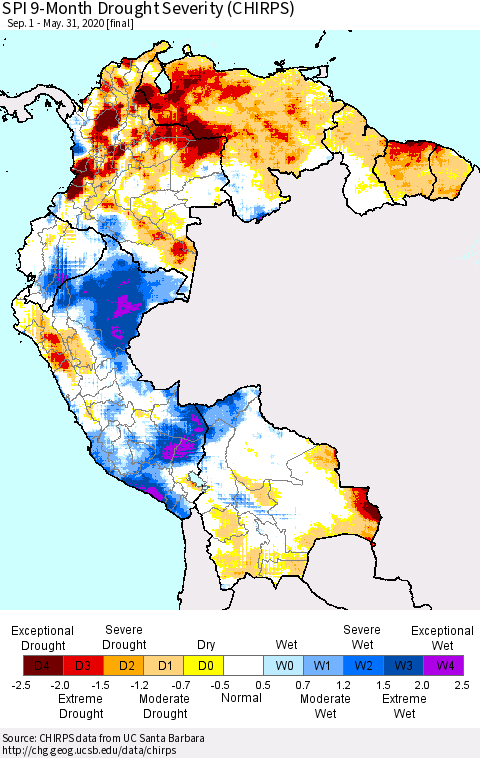 Northern South America SPI 9-Month Drought Severity (CHIRPS) Thematic Map For 9/1/2019 - 5/31/2020