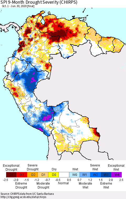 Northern South America SPI 9-Month Drought Severity (CHIRPS) Thematic Map For 10/1/2019 - 6/30/2020