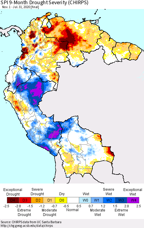 Northern South America SPI 9-Month Drought Severity (CHIRPS) Thematic Map For 11/1/2019 - 7/31/2020