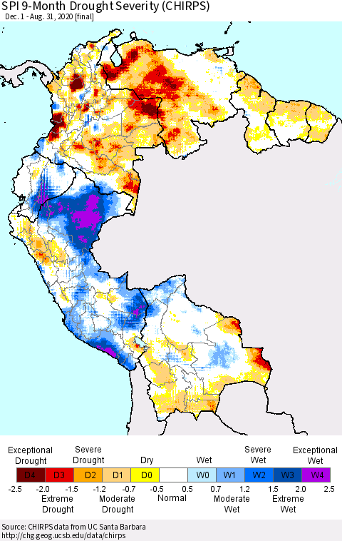 Northern South America SPI 9-Month Drought Severity (CHIRPS) Thematic Map For 12/1/2019 - 8/31/2020