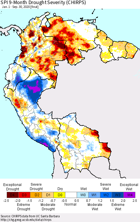 Northern South America SPI 9-Month Drought Severity (CHIRPS) Thematic Map For 1/1/2020 - 9/30/2020