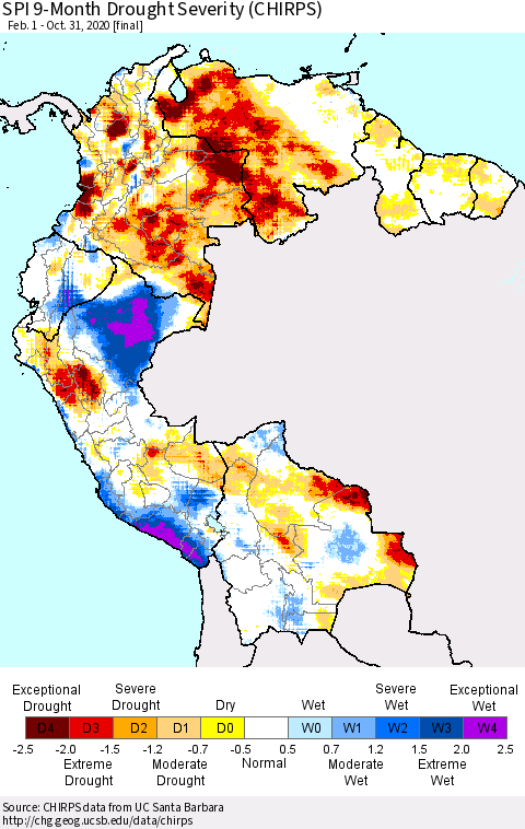 Northern South America SPI 9-Month Drought Severity (CHIRPS) Thematic Map For 2/1/2020 - 10/31/2020