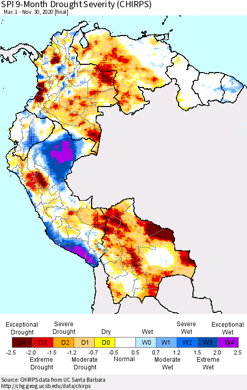 Northern South America SPI 9-Month Drought Severity (CHIRPS) Thematic Map For 3/1/2020 - 11/30/2020