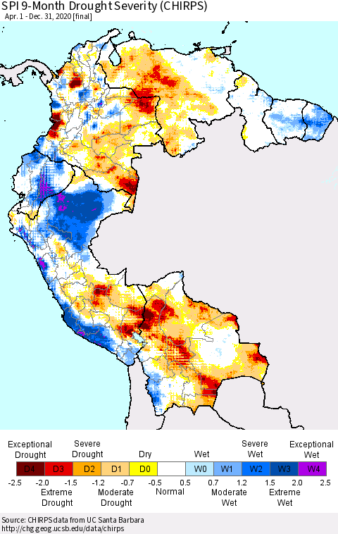 Northern South America SPI 9-Month Drought Severity (CHIRPS) Thematic Map For 4/1/2020 - 12/31/2020