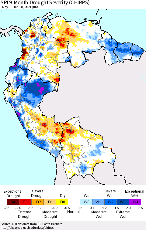 Northern South America SPI 9-Month Drought Severity (CHIRPS) Thematic Map For 5/1/2020 - 1/31/2021