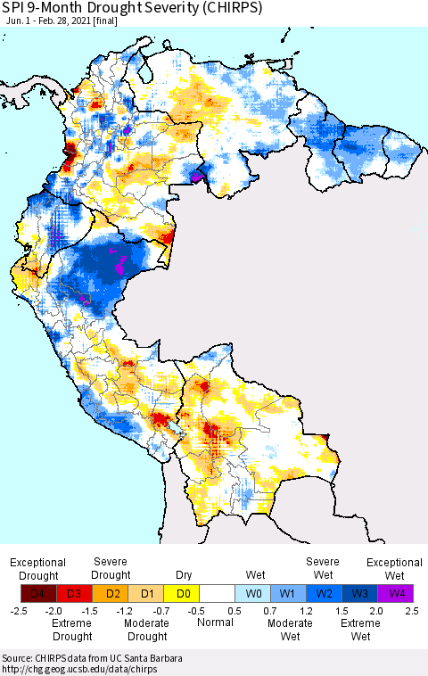 Northern South America SPI 9-Month Drought Severity (CHIRPS) Thematic Map For 6/1/2020 - 2/28/2021