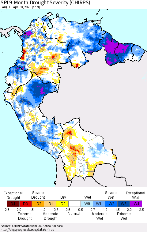 Northern South America SPI 9-Month Drought Severity (CHIRPS) Thematic Map For 8/1/2020 - 4/30/2021