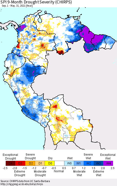 Northern South America SPI 9-Month Drought Severity (CHIRPS) Thematic Map For 9/1/2020 - 5/31/2021
