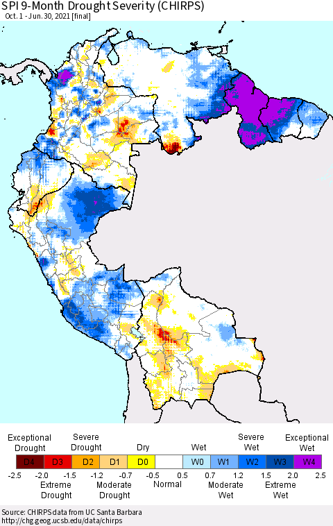 Northern South America SPI 9-Month Drought Severity (CHIRPS) Thematic Map For 10/1/2020 - 6/30/2021