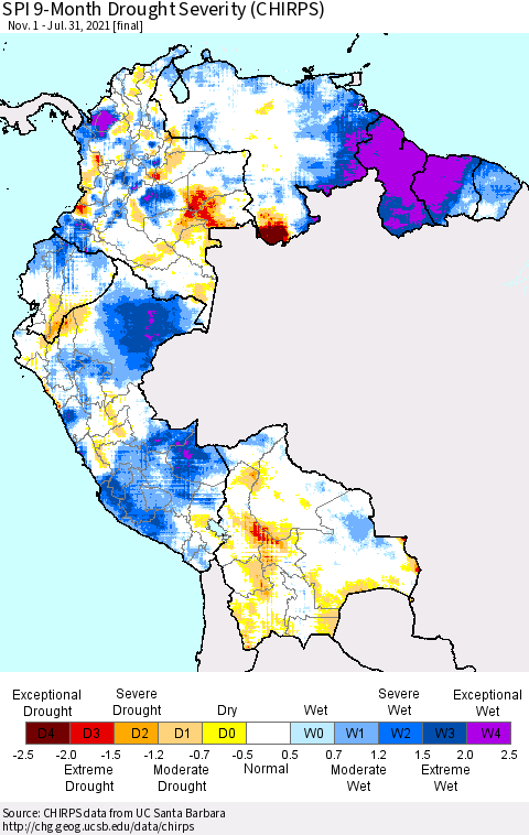 Northern South America SPI 9-Month Drought Severity (CHIRPS) Thematic Map For 11/1/2020 - 7/31/2021