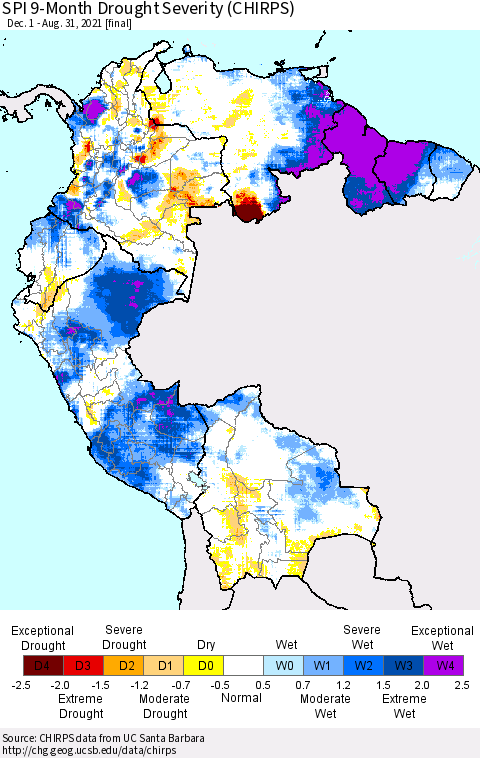 Northern South America SPI 9-Month Drought Severity (CHIRPS) Thematic Map For 12/1/2020 - 8/31/2021