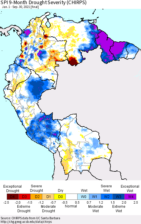 Northern South America SPI 9-Month Drought Severity (CHIRPS) Thematic Map For 1/1/2021 - 9/30/2021