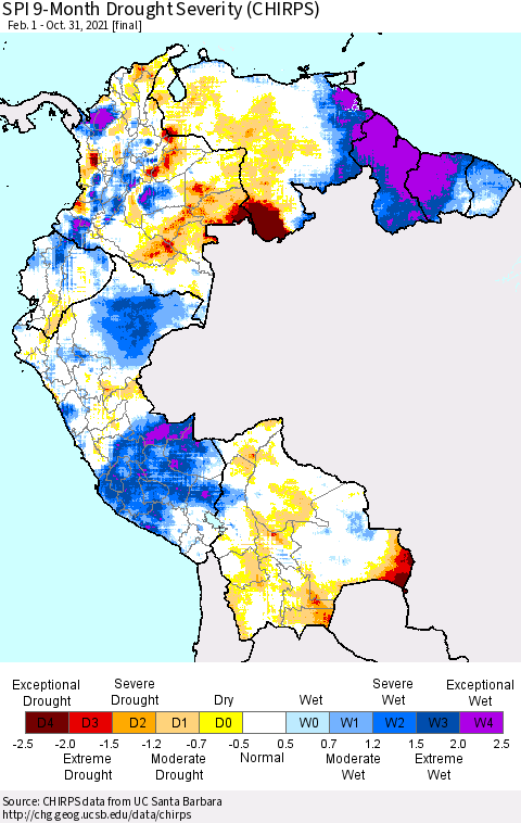 Northern South America SPI 9-Month Drought Severity (CHIRPS) Thematic Map For 2/1/2021 - 10/31/2021