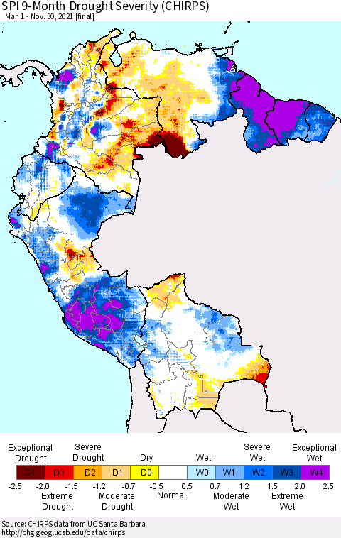 Northern South America SPI 9-Month Drought Severity (CHIRPS) Thematic Map For 3/1/2021 - 11/30/2021