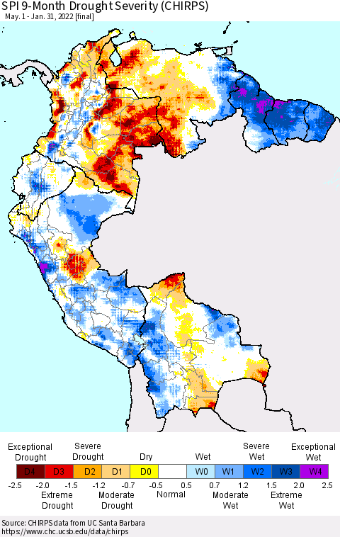 Northern South America SPI 9-Month Drought Severity (CHIRPS) Thematic Map For 5/1/2021 - 1/31/2022