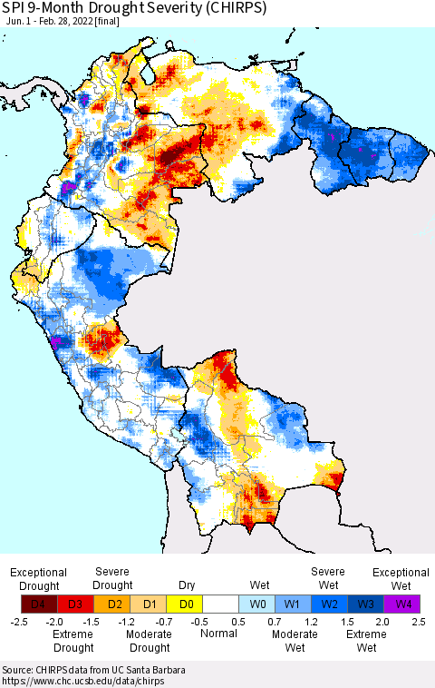 Northern South America SPI 9-Month Drought Severity (CHIRPS) Thematic Map For 6/1/2021 - 2/28/2022
