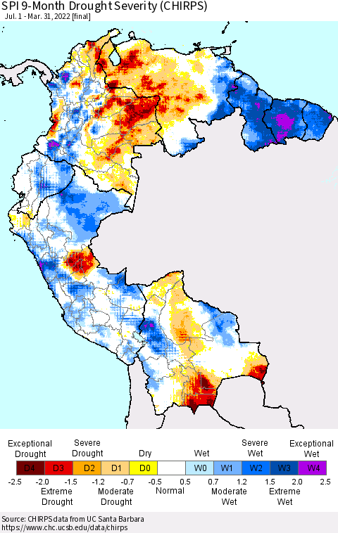 Northern South America SPI 9-Month Drought Severity (CHIRPS) Thematic Map For 7/1/2021 - 3/31/2022