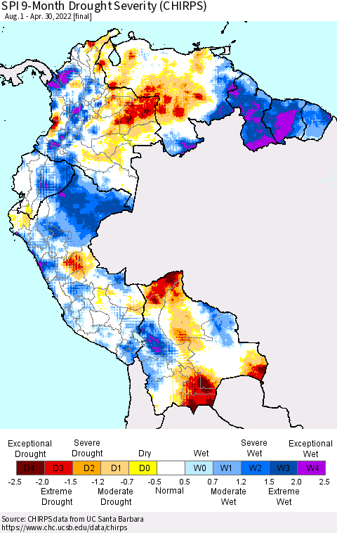 Northern South America SPI 9-Month Drought Severity (CHIRPS) Thematic Map For 8/1/2021 - 4/30/2022
