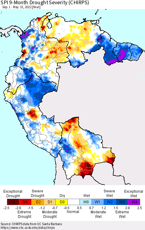 Northern South America SPI 9-Month Drought Severity (CHIRPS) Thematic Map For 9/1/2021 - 5/31/2022
