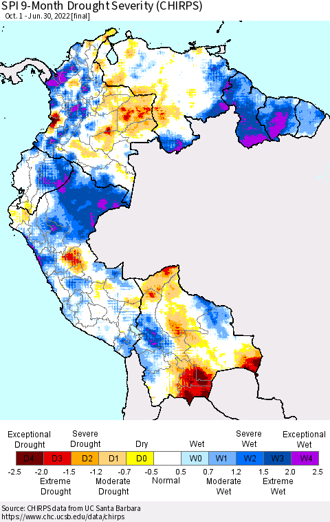 Northern South America SPI 9-Month Drought Severity (CHIRPS) Thematic Map For 10/1/2021 - 6/30/2022