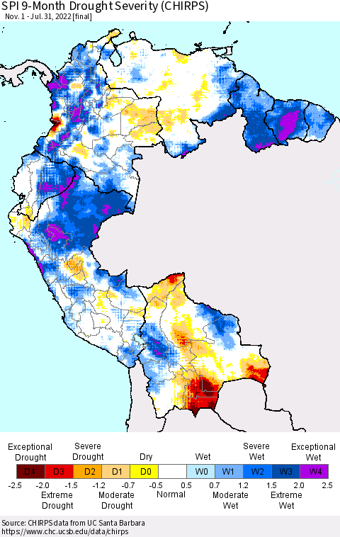 Northern South America SPI 9-Month Drought Severity (CHIRPS) Thematic Map For 11/1/2021 - 7/31/2022