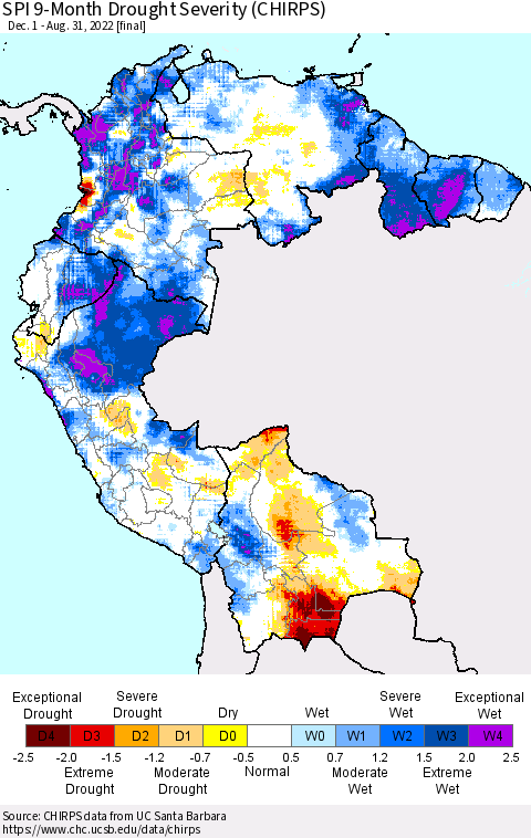 Northern South America SPI 9-Month Drought Severity (CHIRPS) Thematic Map For 12/1/2021 - 8/31/2022