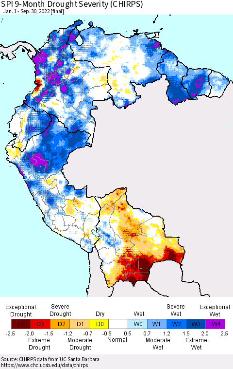 Northern South America SPI 9-Month Drought Severity (CHIRPS) Thematic Map For 1/1/2022 - 9/30/2022