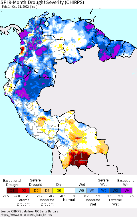 Northern South America SPI 9-Month Drought Severity (CHIRPS) Thematic Map For 2/1/2022 - 10/31/2022