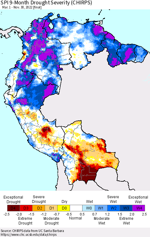 Northern South America SPI 9-Month Drought Severity (CHIRPS) Thematic Map For 3/1/2022 - 11/30/2022