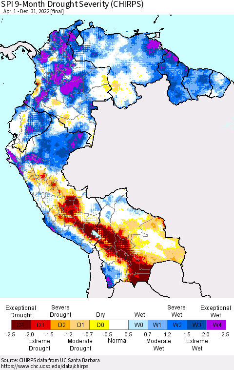 Northern South America SPI 9-Month Drought Severity (CHIRPS) Thematic Map For 4/1/2022 - 12/31/2022