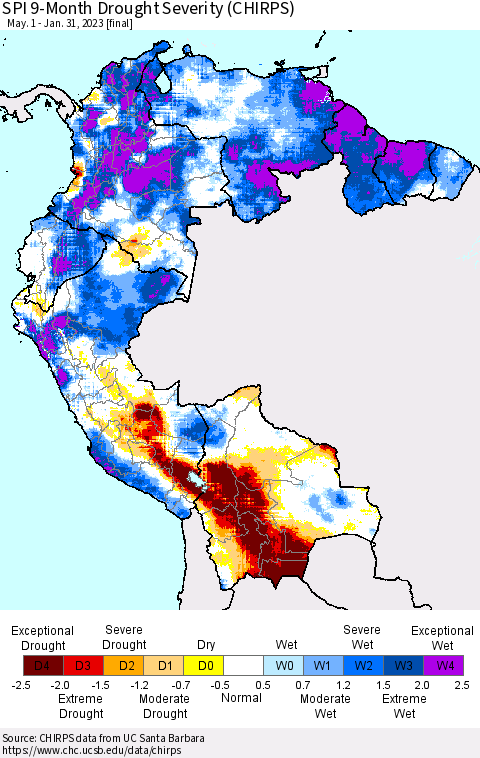 Northern South America SPI 9-Month Drought Severity (CHIRPS) Thematic Map For 5/1/2022 - 1/31/2023
