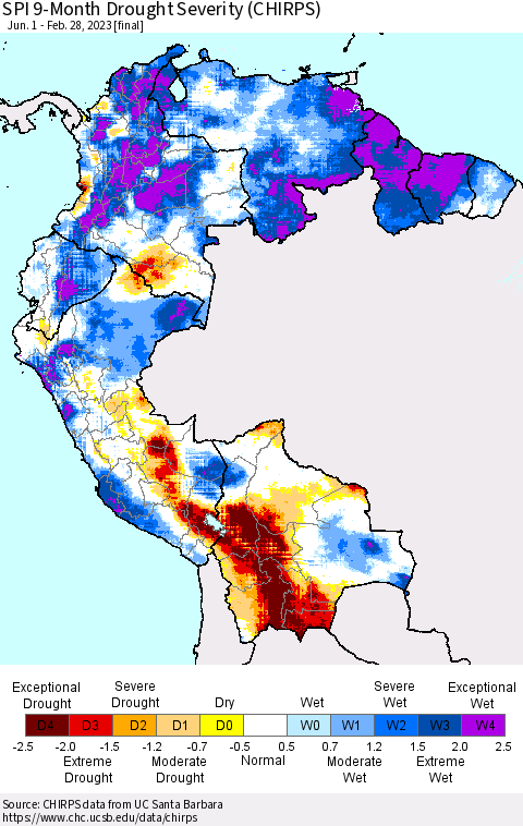 Northern South America SPI 9-Month Drought Severity (CHIRPS) Thematic Map For 6/1/2022 - 2/28/2023