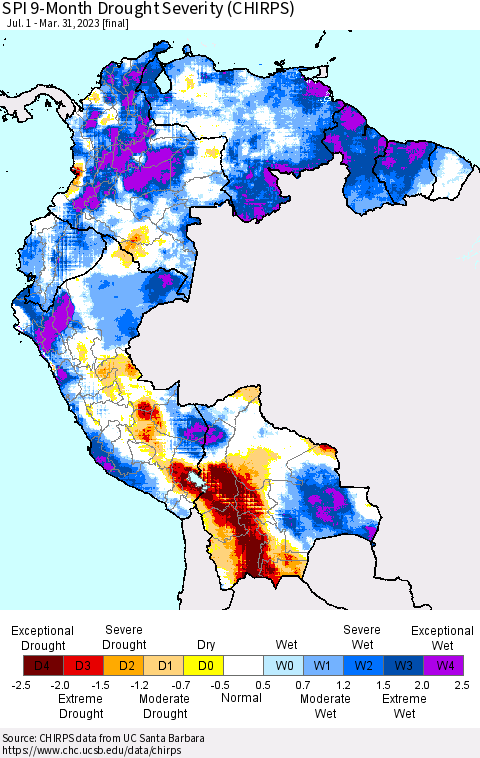 Northern South America SPI 9-Month Drought Severity (CHIRPS) Thematic Map For 7/1/2022 - 3/31/2023