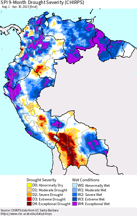 Northern South America SPI 9-Month Drought Severity (CHIRPS) Thematic Map For 8/1/2022 - 4/30/2023