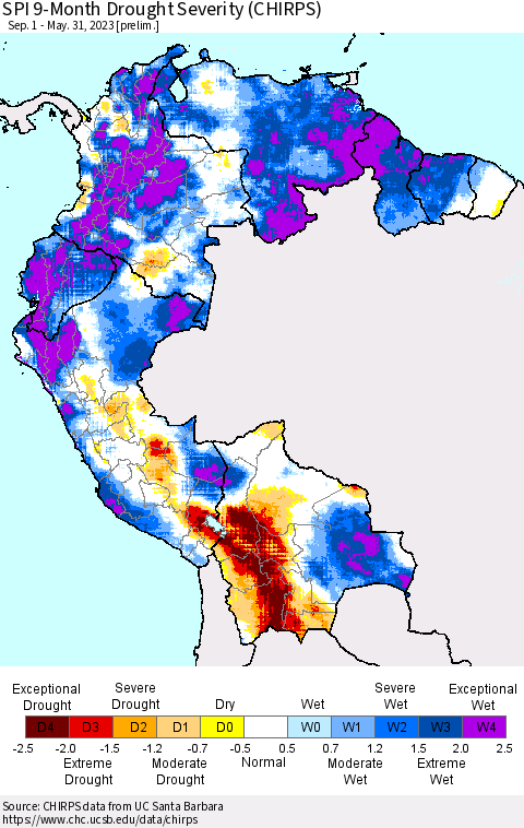 Northern South America SPI 9-Month Drought Severity (CHIRPS) Thematic Map For 9/1/2022 - 5/31/2023