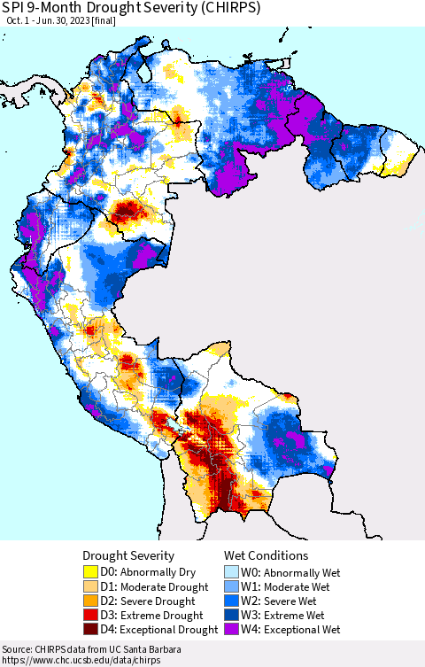 Northern South America SPI 9-Month Drought Severity (CHIRPS) Thematic Map For 10/1/2022 - 6/30/2023