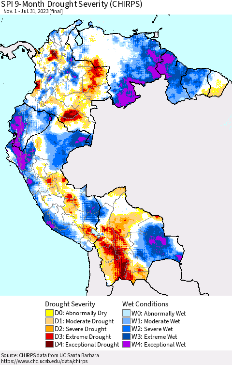 Northern South America SPI 9-Month Drought Severity (CHIRPS) Thematic Map For 11/1/2022 - 7/31/2023