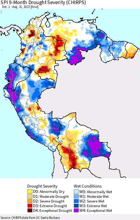 Northern South America SPI 9-Month Drought Severity (CHIRPS) Thematic Map For 12/1/2022 - 8/31/2023