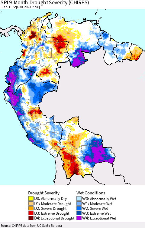 Northern South America SPI 9-Month Drought Severity (CHIRPS) Thematic Map For 1/1/2023 - 9/30/2023