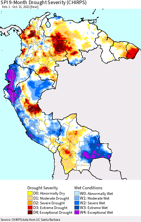 Northern South America SPI 9-Month Drought Severity (CHIRPS) Thematic Map For 2/1/2023 - 10/31/2023